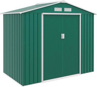 Caseta De Jardín 2.5M² de Acero Galvanizado Con Base y Salidas de Aire, Cobertizo Para Herramientas Con Techo Inclinado, Doble Puertas Correderas Bloqueables, 213X130X185 Cm, Verde Oscuro