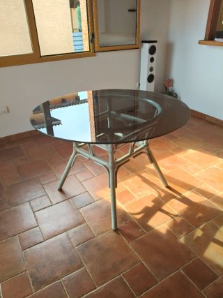 Mesa jardín, terraza, comedor de cristal y bambú