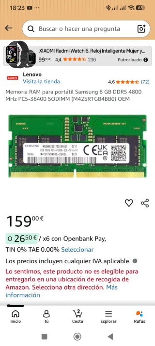 2 memorias 8gb Samsung DDR5 4800MHz SO-DIMM 8GB