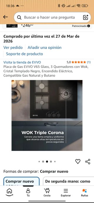 Placa de Gas EVVO V65 Glass Nueva sin estrenar