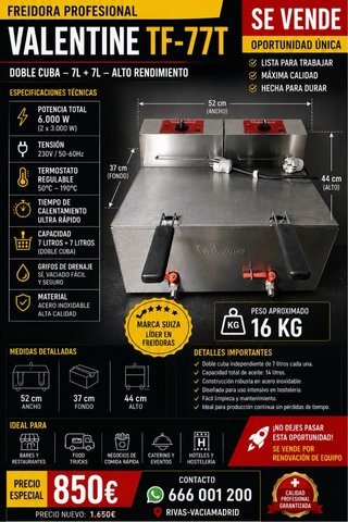 Freidora Profesional Valentine TF-77T Doble Cuba
