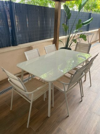 Mesa y 6 Sillas Exterior Cristal Metal