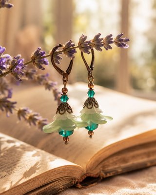 Pendientes flor verde bosque artesanal Swarovski
