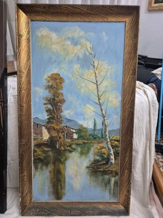 Cuadro paisaje óleo con marco dorado