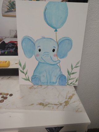 Cuadro elefante azul con globo pintado a mano
