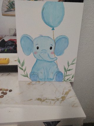 Cuadro elefante azul con globo pintado a mano