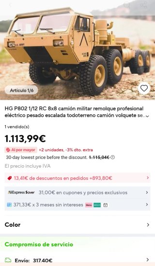 Camión RC HG P802 1/12 8x8 Militar Desierto