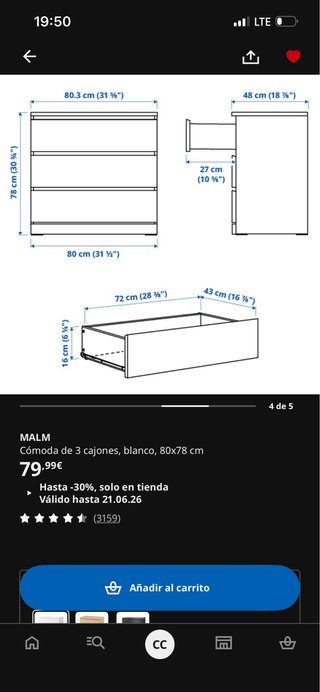 URGE Cómoda MALM Ikea 3 cajones blanca