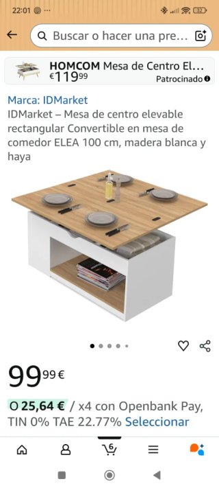 Mesa centro elevable ELEA 100cm madera blanca y ha