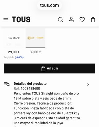Pendientes TOUS Straight Baño Oro 18kt