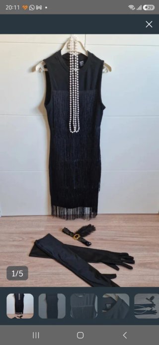 Vestido negro fiesta flecos perlas
