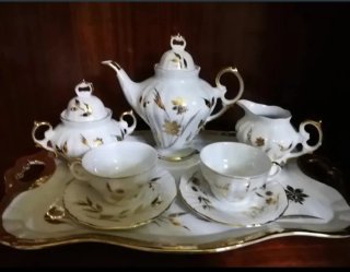 Juego de café porcelana oro blanco