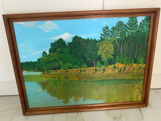 Pintura al óleo paisaje lago y árboles