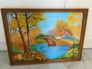 Pintura al óleo paisaje puente casa