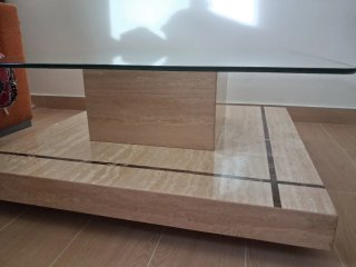 Mesa centro cristal y mármol travertino
