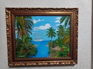 Cuadro Óleo Paisaje Tropical Barco Velero