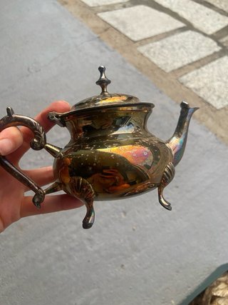 Juego de té de alpaca y jarras de cristal y plata