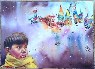 Acuarela original niño y fantasía
