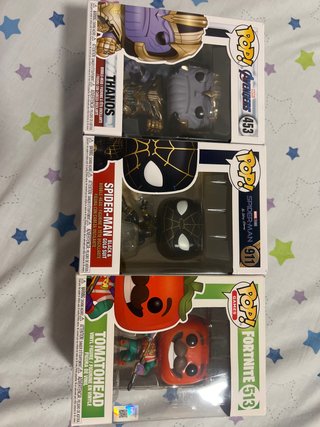 Lote 3 Funko Pop Thanos, Spider-Man y Tomatohead