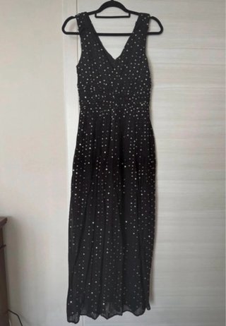 Vestito lungo nero con paillettes oro