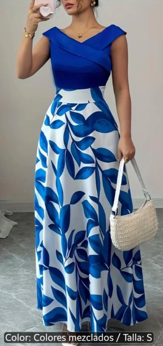Vestido largo azul klein estampado hojas