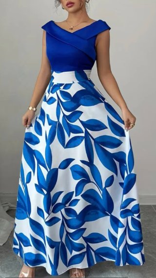 Vestido largo azul klein estampado hojas