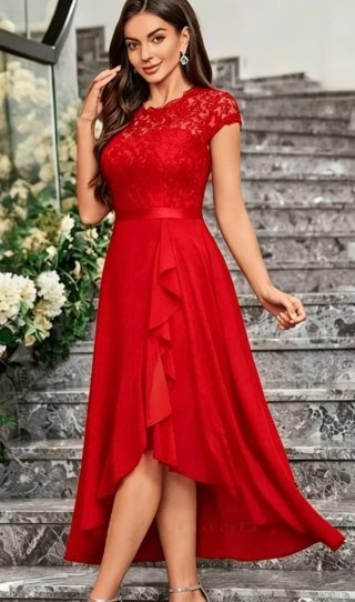 Vestido fiesta rojo encaje asimétrico