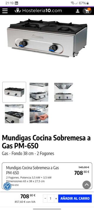 Cocina Industrial sobremesa 2 fuegos