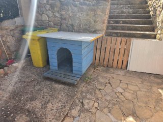 Caseta para perro azul y blanca