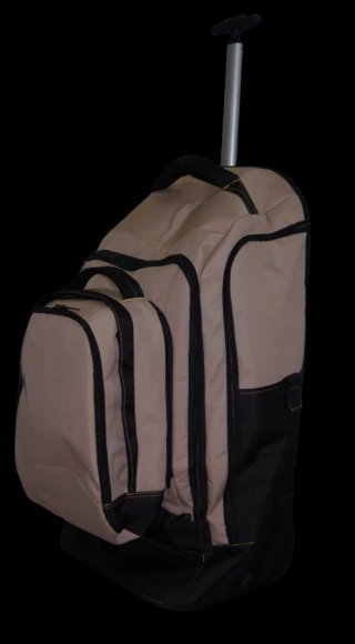 Maleta de viaje beige y negra con ruedas