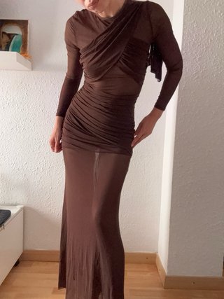 Vestido Marrón Y2K Malla Maxi Transparente