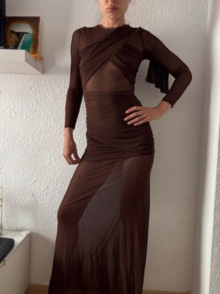 Vestido Marrón Y2K Malla Maxi Transparente