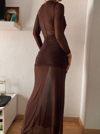 Vestido Marrón Y2K Malla Maxi Transparente