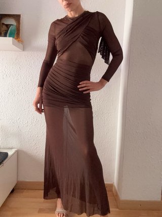 Vestido Marrón Y2K Malla Maxi Transparente