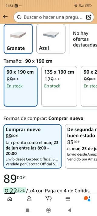 Colchón Viscoelástico Nuevo Cecotec 90*190