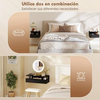 2 Mesitas Noche Flotantes Cajón Estante Negras