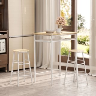 Set Bancone Bar e 2 Sgabelli Alti in Legno Stile N