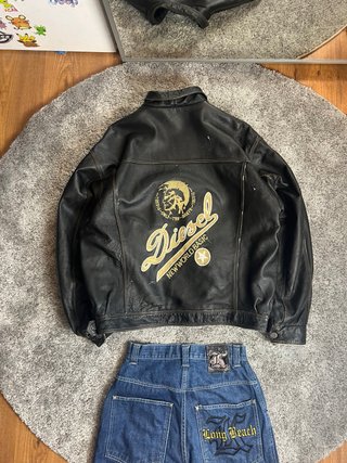 Chaqueta Cuero Diesel Vintage Y2K Negra Dorada