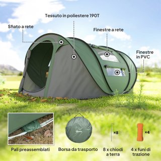 Tenda da Campeggio Pop Up 2 Posti con 2 Porte, 4 F