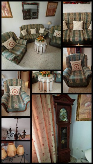 Sofá y sillones de tela y madera