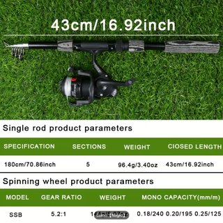 Kit Pesca Caña Carrete Anzuelos Negro 180cm