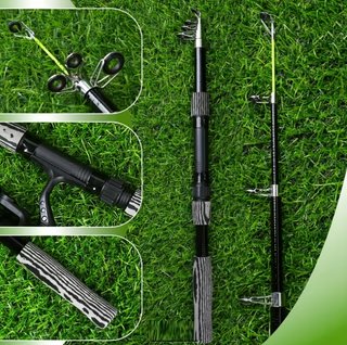 Kit Pesca Caña Carrete Anzuelos Negro 180cm
