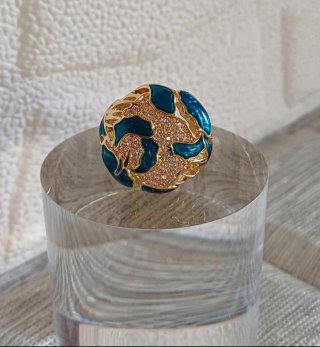 Anello dorato smalto blu zirconi