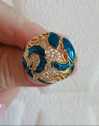 Anello dorato smalto blu zirconi