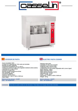 Cocedor de Pasta Sobremesa CASSELIN