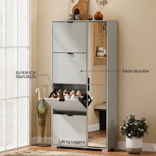 Scarpiera con Specchio, 4 Cassetti Ribalta, Scarpi