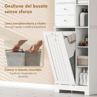 Armadietto da Bagno Bianco, Cesto Biancheria Incli