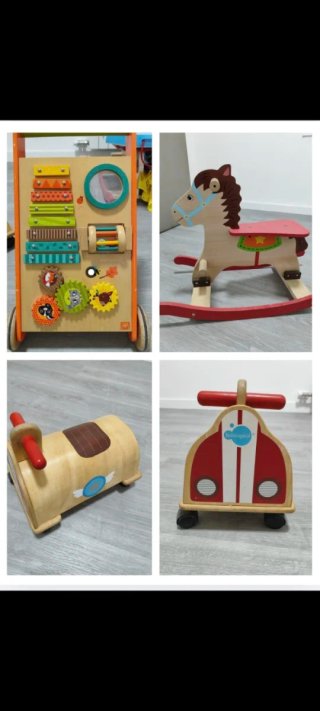 Caballito, coche y andador de madera