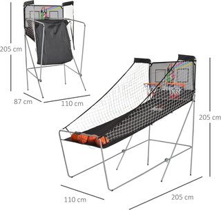 Canestro da Basket con Pannello LED, Pompa, 2 Cestini, 4 Palloni e 8 Modalità di Gioco, Macchina da Basket Elettronica in Acciaio, Tela Oxford, MDF, 205X110X205 Cm, Bianco e Nero