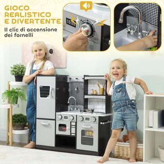 Cocina Juguete para Niños, Cocina de Madera para Niños, Cocinita Juguetes con Fogones, Microondas, Armarios, Fregadero, Ollas, Accesorios de Acero Inoxidable, 3-8 Años, 81X27X80Cm, Marrón